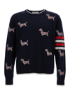 THOM BROWNE HECTOR ICON HALF DROP JERSEY STITCH RELAXED FIT CREWNECK PULLOVER IN MERINO WOOL W/ 4 BAR STRIP