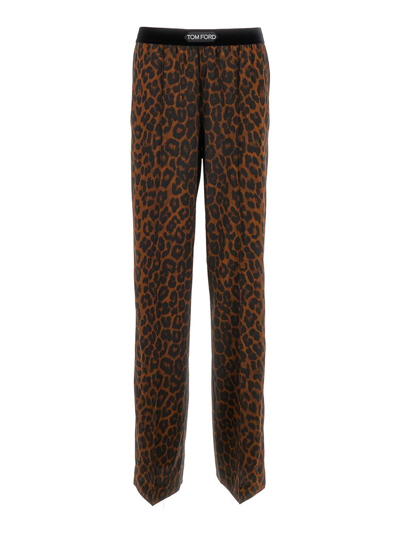 TOM FORD BROWN LEOPARD PRINT STRAIGHT TROUSERS IN SILK BLEND WOMAN