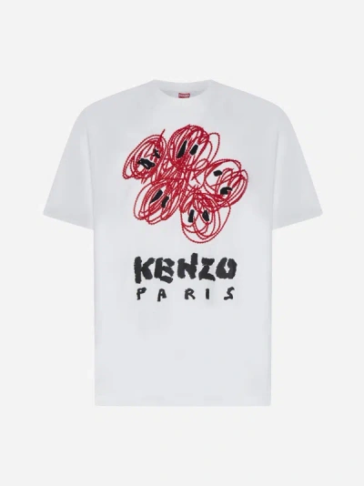 Kenzo Drawn Varsity Cotton T-shirt In Off White