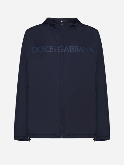 Dolce & Gabbana Nylon Reversible Jacket With Frontal Logo In Dark Blue