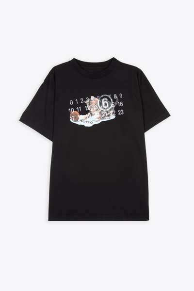 Mm6 Maison Margiela T-shirt Black Oversized T-shirt With Graphic Print And Logo In Nero