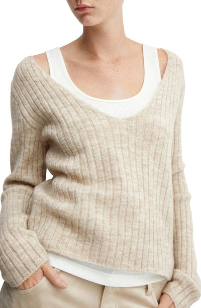 Mango V-neck Ribbed Knit Sweater Ice Grey