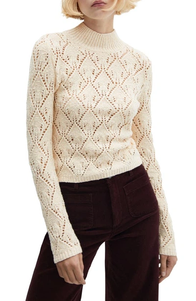 Mango Openwork Diamond Mock Neck Sweater In Ecru