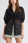 Open Edit Oversize Semisheer Button-up Shirt In Black