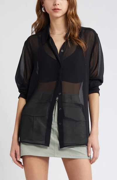 Open Edit Oversize Semisheer Button-up Shirt In Black