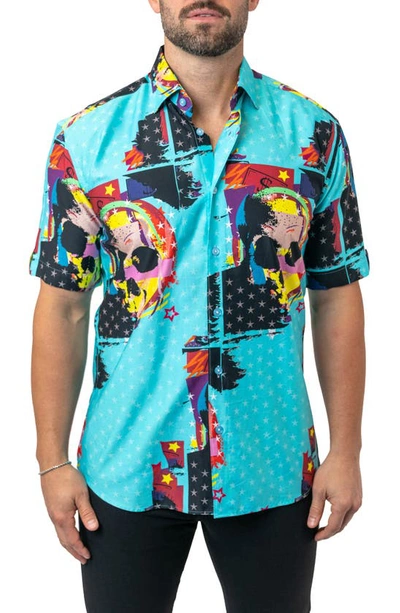 Maceoo Galileo Skullstar Blue Short Sleeve Button-up Shirt