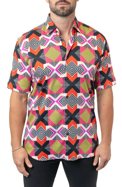 Maceoo Galileo Geometric Short Sleeve Egyptian Cotton Button-up Shirt In Pink