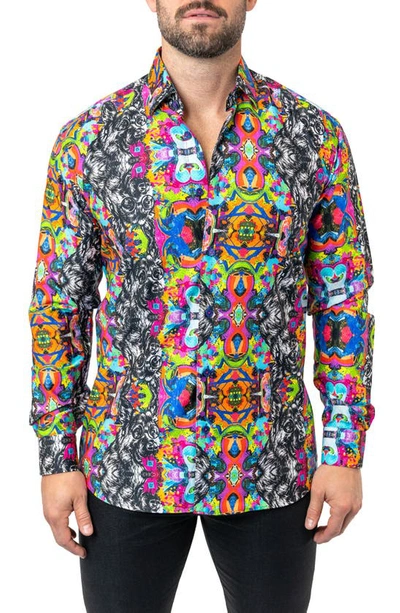 Maceoo Fibonacci Adid Dog Contemporary Fit Button-up Shirt In Black/ Blue/ Pink Multi