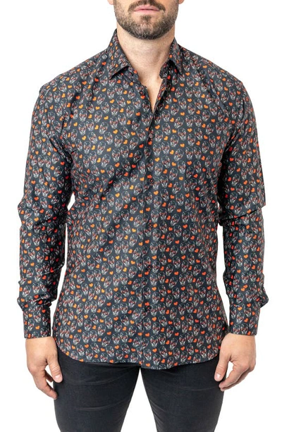 Maceoo Fibonacci Skull Heart Contemporary Fit Button-up Shirt In Black