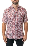 Maceoo Galileo Frenchie Bow Short Sleeve Egyptian Cotton Button-up Shirt In Red