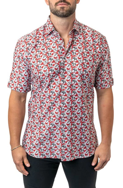 Maceoo Galileo Frenchie Bow Short Sleeve Egyptian Cotton Button-up Shirt In Red