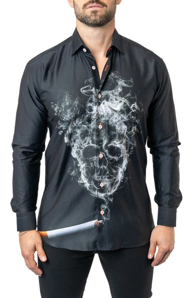 Maceoo Fibonacci Skull Smoke Cotton Button-up Shirt In Black