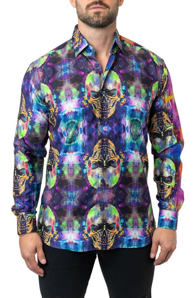 Maceoo Fibonacci Skull Glow Cotton Button-up Shirt In Purple