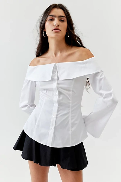Oval Square Rosy Off-the-shoulder Button-down Top In White, Women's At Urban Outfitters
