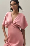 Bhldn Leila Deep-v Flutter-sleeve Satin A-line Gown In Pink