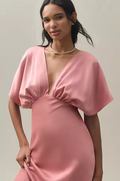 Bhldn Leila Deep-v Flutter-sleeve Satin A-line Gown In Pink
