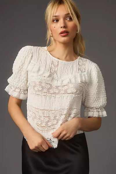 By Anthropologie Puff-sleeve Lace Blouse In White