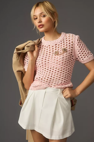Endless Rose Short-sleeve Sequin Open-stitch Sweater In Pink