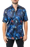MACEOO GALILEO BUTTERFLYPALM BLACK CONTEMPORARY FIT SHORT SLEEVE BUTTON-UP SHIRT