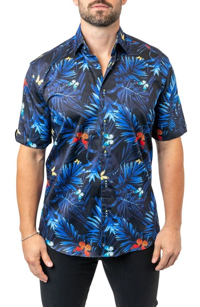 Maceoo Galileo Butterflypalm Black Contemporary Fit Short Sleeve Button-up Shirt