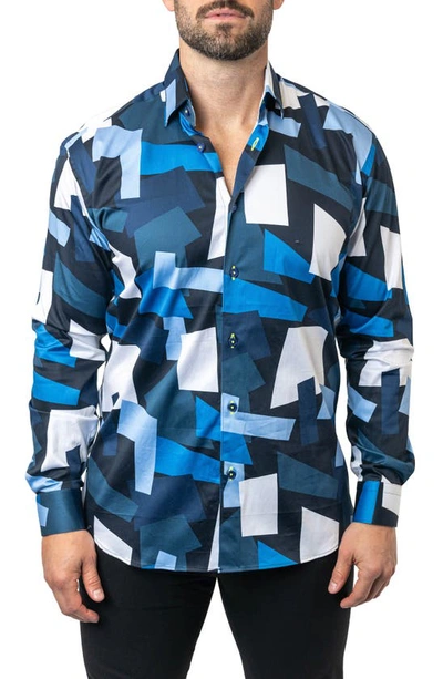 Maceoo Fibonacci Retro Blocks Cotton Button-up Shirt In Blue