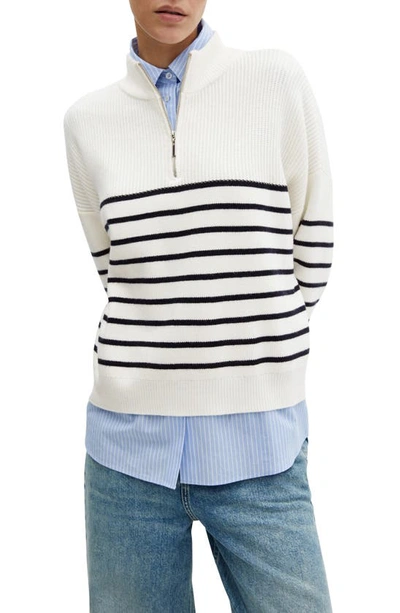 Mango Oversize Stripe Quarter Zip Sweater In White/ Navy Stripe