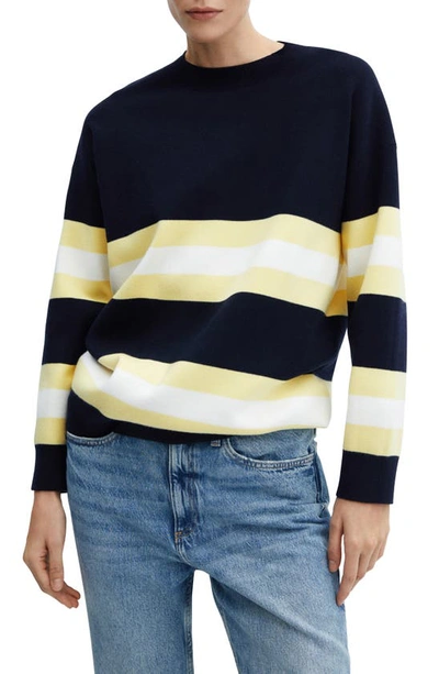 Mango Wide Stripe Pullover Sweater In Dark Navy