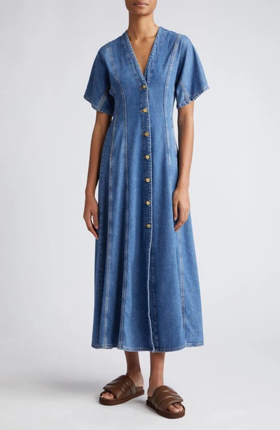 Ganni Future Short-sleeve Denim Maxi Dress In Medium Wash Denim