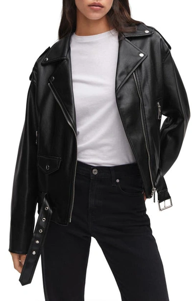 Mango Oversize Faux Leather Moto Jacket In Black