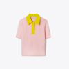 Tory Burch Cotton Pointelle Polo Sweater In Stone Pink/bright Yellow