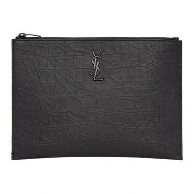 Saint Laurent Croc-embossed Leather Ipad Holder In Black