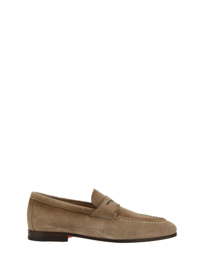 Santoni Suede Penny Loafers In Beige