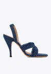 Off-white Curvy Heel Denim Sandal With Fringed Straps In Blue
