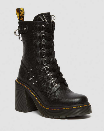 Dr. Martens Chesney Piercing Leather Flared Heel Lace Up Boots In Black