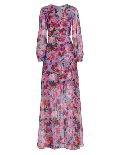 Sachin & Babi Penny Long Sleeve Chiffon A-line Gown In Pink And Periwinkle Dahlia