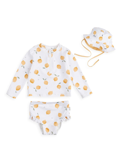Firsts By Petit Lem Baby's Lemon Top, Swim Bottoms, & Bucket Hat Set In Off White