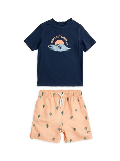 Miles The Label Kids' Little Boy's & Boy's Sun's Up Surf's Up Graphic T-shirt & Swim Shorts Set In Orange