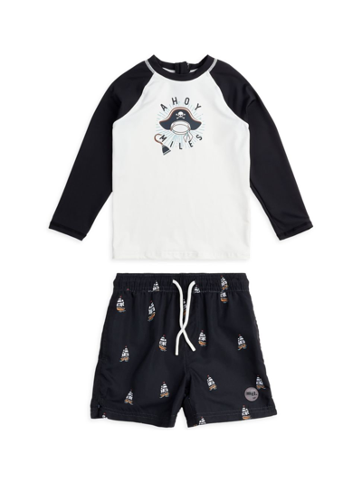 Miles The Label Kids' Little Boy's & Boy's Ahoy Miles Graphic T-shirt & Swim Shorts Set In Black
