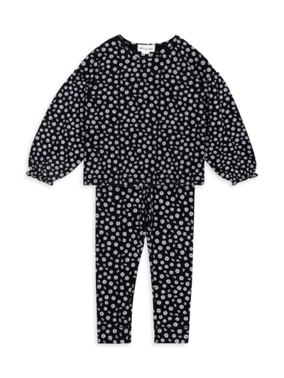 Miles The Label Girls' Daisy Print Balloon Sleeve Top & Leggings Set - Little Kid, Big Kid In Black