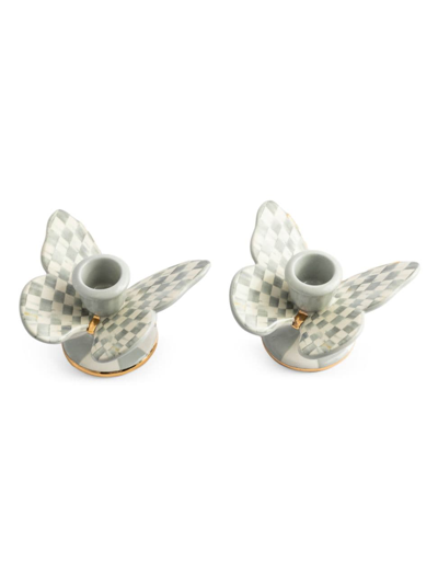 Mackenzie-childs Sterling Check Butterfly 2-piece Candleholders Set In Gray