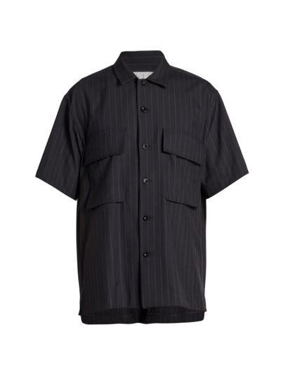 Sacai Men's Pinstriped Button-up Shirt In Navy