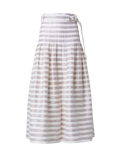 Akris Punto Linen Blend Kodak Striped Midi Skirt With Belt In Flax Cream