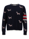 THOM BROWNE DARK BLUE ALL-OVER PATTERNED CREW NECK SWEATER IN WOOL BLEND MAN