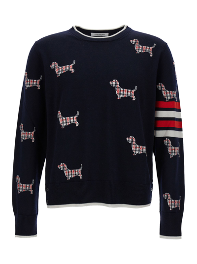 Thom Browne Hector Icon Half Drop Jersey Stitch Relaxed Fit Crewneck Pullover In Merino Wool W/ 4 Bar Strip In Blu