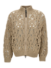 Brunello Cucinelli Lace Stitch Knitted Zip-up Cardigan In Beige