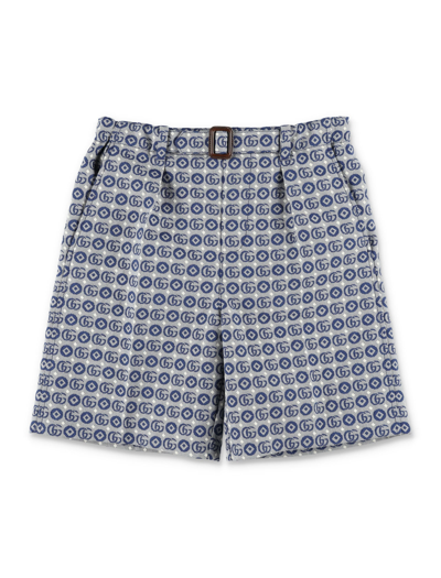 Gucci Kids' Double G Geometric Cotton Shorts In Navy