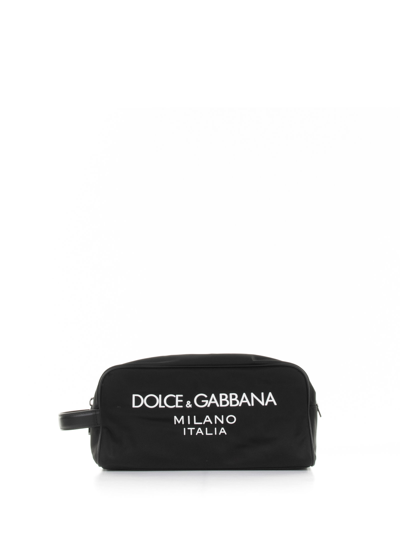 Dolce & Gabbana Nylon Cosmetic Bag With Rubberized Logo In Nero Nero