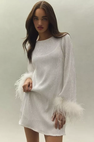 Hutch Alissa Faux Feather Long-sleeve Sequin Mini Dress In White