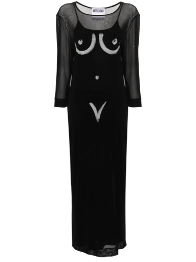 Moschino Body-print Mesh Slip Dress In Black