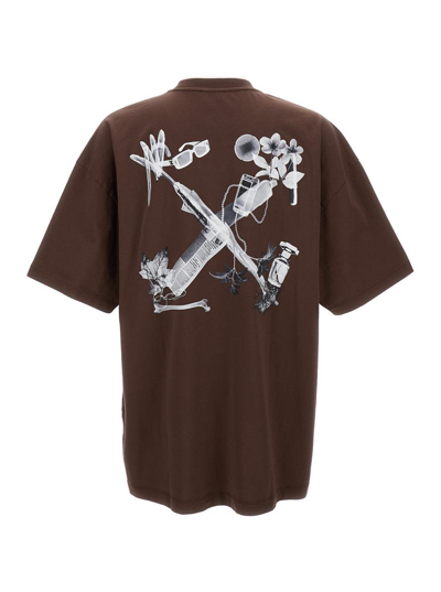 Off-white Brown Crewneck 'scan Arr' T-shirt In Cotton Man In Blu